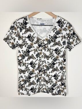 90s Vintage Basic Editions Lace V-Neck Tee Size S Floral Butterfly Deadstock